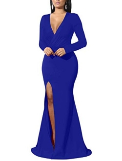 GOBLES Women's Sexy Long Sleeve V Neck Wrap Side Split Bodycon Cocktail Party Maxi Dress