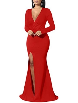 GOBLES Women's Sexy Long Sleeve V Neck Wrap Side Split Bodycon Cocktail Party Maxi Dress