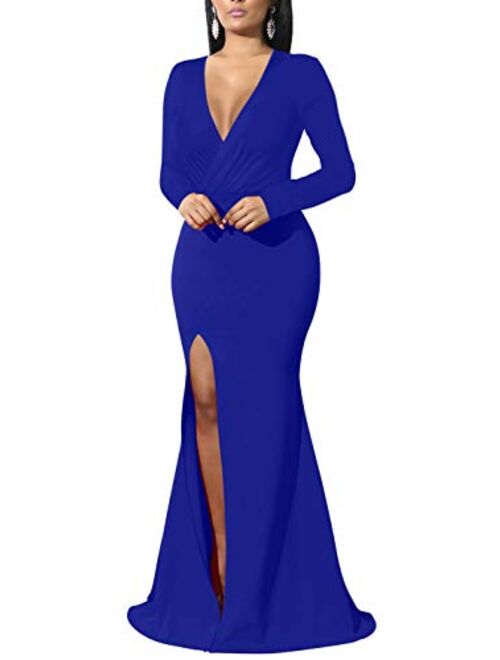 GOBLES Women's Sexy Long Sleeve V Neck Wrap Side Split Bodycon Cocktail Party Maxi Dress