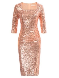 Vintage 50s Sequin Pencil Dress V Neck Glitter Dresses for Women
