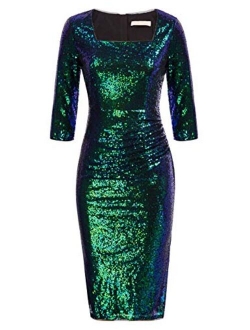 Vintage 50s Sequin Pencil Dress V Neck Glitter Dresses for Women