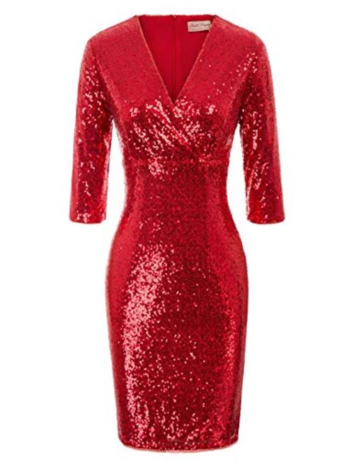 Belle Poque Vintage 50s Sequin Pencil Dress V Neck Glitter Dresses for Women