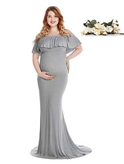 YOFEEL Women's Off Shoulder Ruffles Long Sleeves Slim Fitted Maternity Gown Maxi Photography Dress