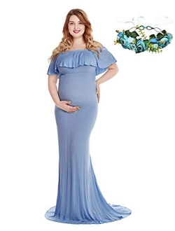 YOFEEL Women's Off Shoulder Ruffles Long Sleeves Slim Fitted Maternity Gown Maxi Photography Dress