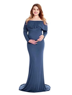 YOFEEL Women's Off Shoulder Ruffles Long Sleeves Slim Fitted Maternity Gown Maxi Photography Dress