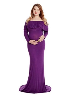 YOFEEL Women's Off Shoulder Ruffles Long Sleeves Slim Fitted Maternity Gown Maxi Photography Dress