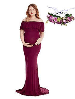 YOFEEL Women's Off Shoulder Ruffles Long Sleeves Slim Fitted Maternity Gown Maxi Photography Dress