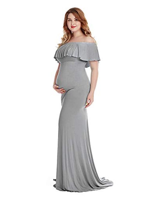 YOFEEL Women's Off Shoulder Ruffles Long Sleeves Slim Fitted Maternity Gown Maxi Photography Dress