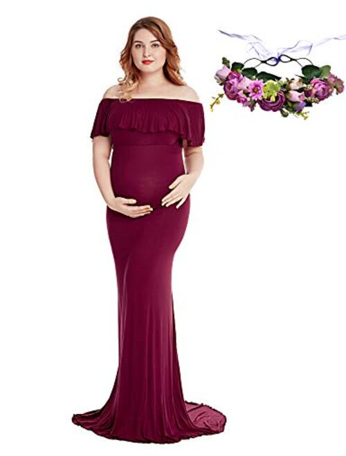 YOFEEL Women's Off Shoulder Ruffles Long Sleeves Slim Fitted Maternity Gown Maxi Photography Dress