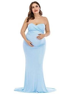 ZIUMUDY Maternity Elegant Fitted Gown Strapless Tube Maxi Photography Baby Shower Dress