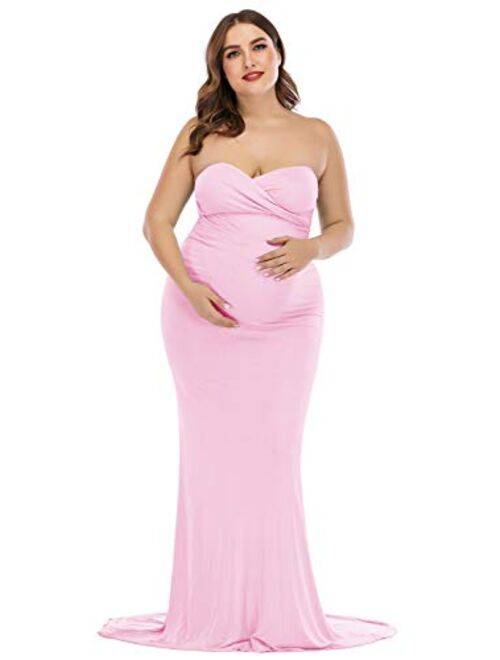 ZIUMUDY Maternity Elegant Fitted Gown Strapless Tube Maxi Photography Baby Shower Dress