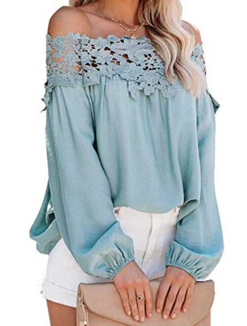 Adreamly Women's Lantern Long Sleeve Lace Crochet Off The Shoulder Tops Loose Blouses