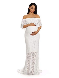 ZIUMUDY Women's Off Shoulder Ruffles Lace Maternity Gown Maxi Photography Baby Shower Dress