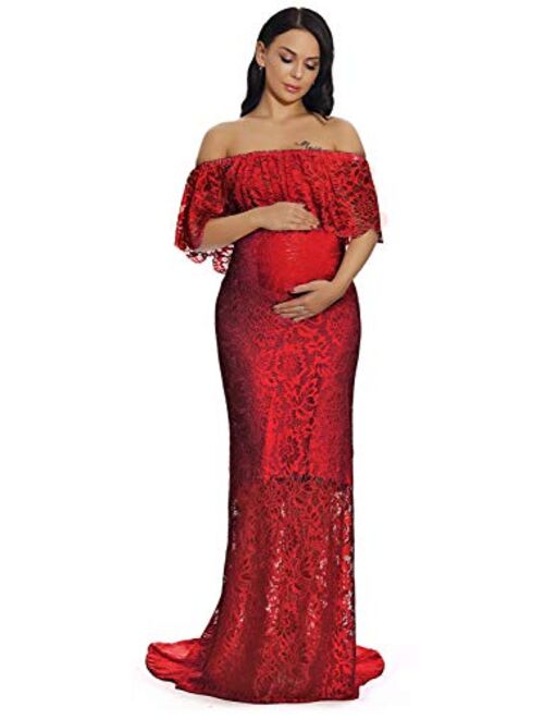 ZIUMUDY Women's Off Shoulder Ruffles Lace Maternity Gown Maxi Photography Baby Shower Dress