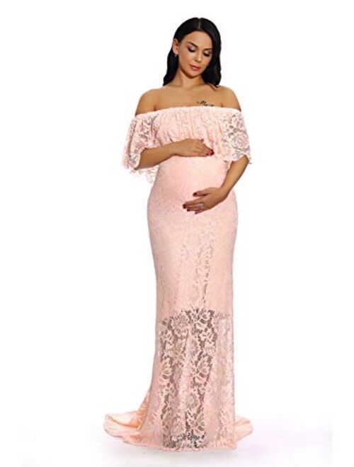 ZIUMUDY Women's Off Shoulder Ruffles Lace Maternity Gown Maxi Photography Baby Shower Dress