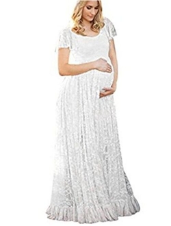 ZIUMUDY Maternity Lace Flutter Short Sleeve Photography Gown Maxi Dress for Baby Shower