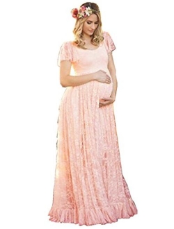 ZIUMUDY Maternity Lace Flutter Short Sleeve Photography Gown Maxi Dress for Baby Shower