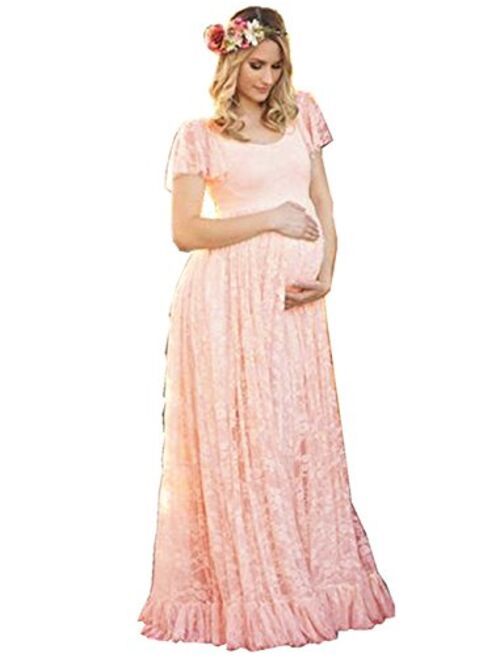 ZIUMUDY Maternity Lace Flutter Short Sleeve Photography Gown Maxi Dress for Baby Shower