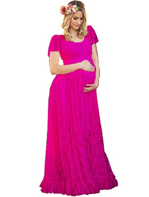 ZIUMUDY Maternity Lace Flutter Short Sleeve Photography Gown Maxi Dress for Baby Shower