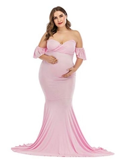 ZIUMUDY Off Shoulder Maternity Elegant Fitted Photo Shoot Gown Wraped Mermaid Baby Shower Dress