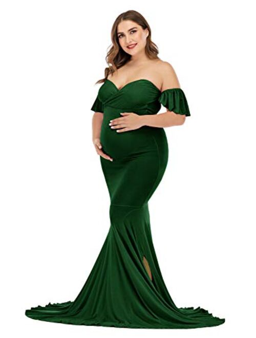 ZIUMUDY Off Shoulder Maternity Elegant Fitted Photo Shoot Gown Wraped Mermaid Baby Shower Dress