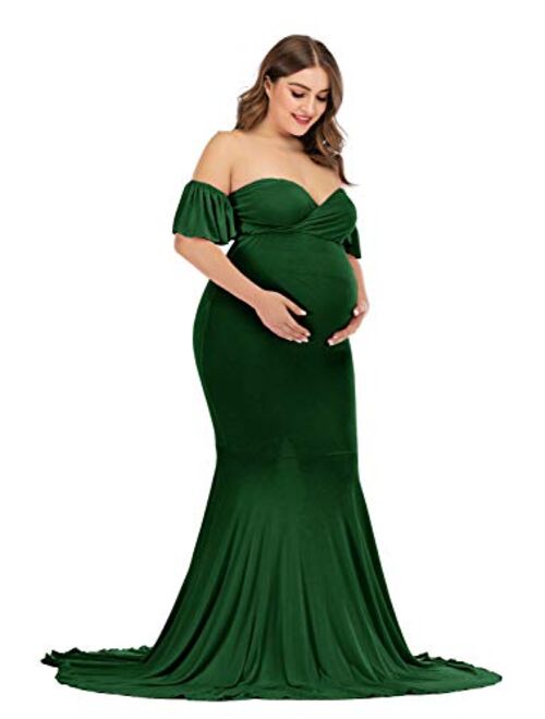 ZIUMUDY Off Shoulder Maternity Elegant Fitted Photo Shoot Gown Wraped Mermaid Baby Shower Dress