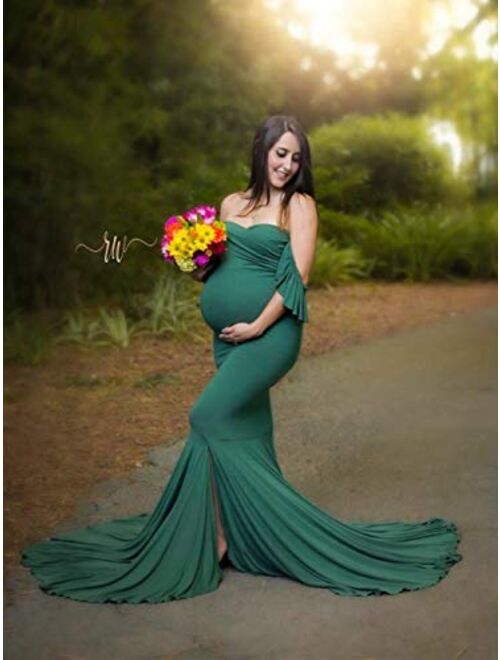 ZIUMUDY Off Shoulder Maternity Elegant Fitted Photo Shoot Gown Wraped Mermaid Baby Shower Dress