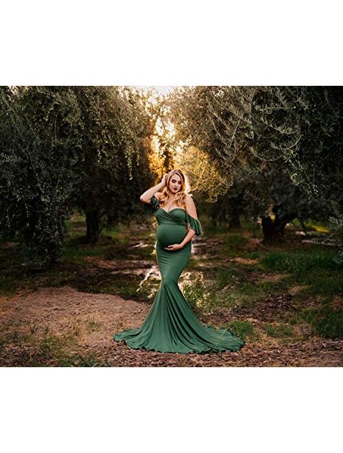 ZIUMUDY Off Shoulder Maternity Elegant Fitted Photo Shoot Gown Wraped Mermaid Baby Shower Dress