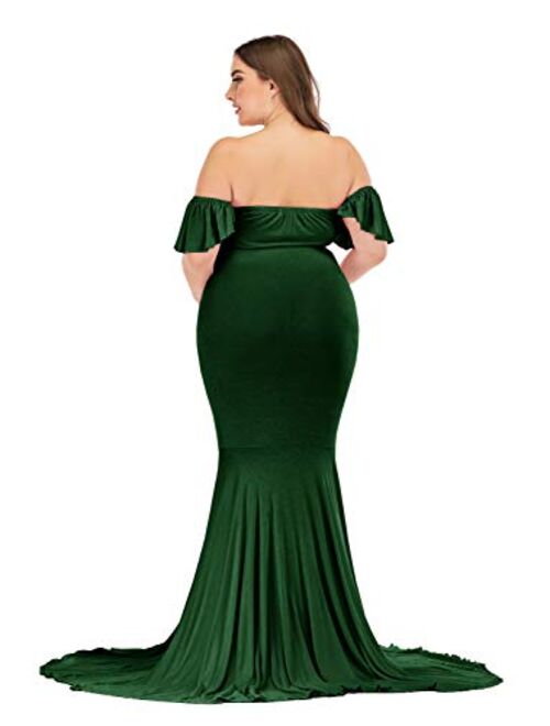 ZIUMUDY Off Shoulder Maternity Elegant Fitted Photo Shoot Gown Wraped Mermaid Baby Shower Dress