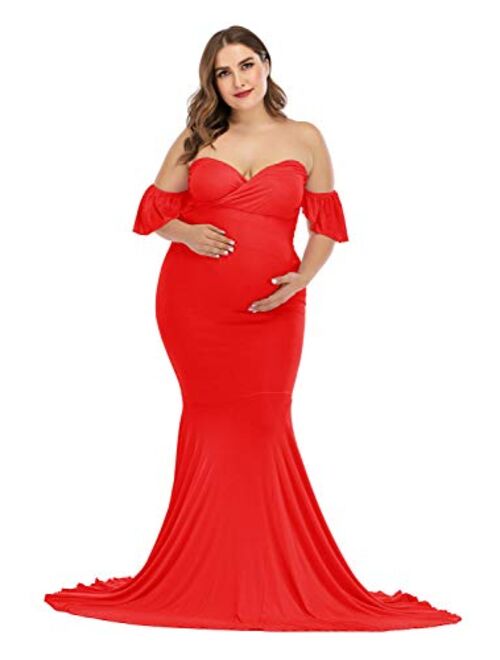 ZIUMUDY Off Shoulder Maternity Elegant Fitted Photo Shoot Gown Wraped Mermaid Baby Shower Dress