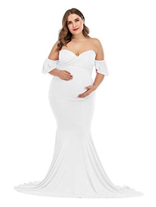 ZIUMUDY Off Shoulder Maternity Elegant Fitted Photo Shoot Gown Wraped Mermaid Baby Shower Dress