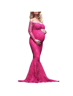 ZIUMUDY Women's Off Shoulder Long Sleeve Lace Maternity Gown Mermaid Maxi Photography Dress