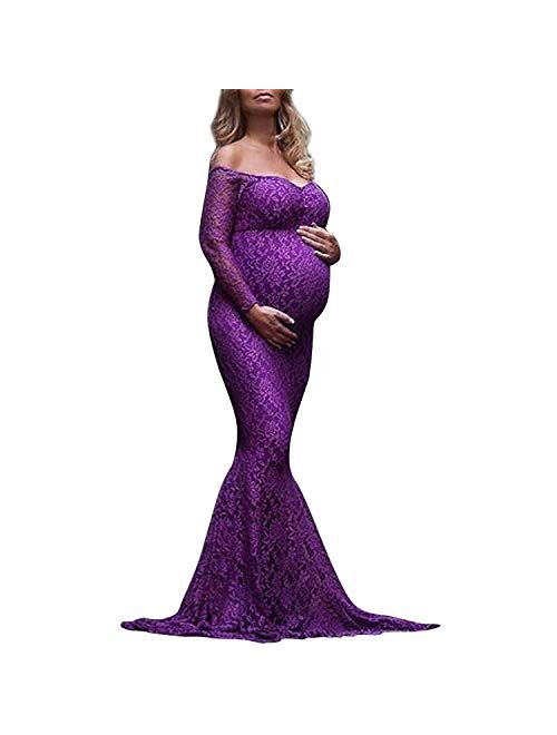 ZIUMUDY Women's Off Shoulder Long Sleeve Lace Maternity Gown Mermaid Maxi Photography Dress