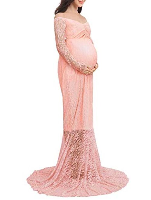 ZIUMUDY Women's Off Shoulder Long Sleeve Lace Maternity Gown Mermaid Maxi Photography Dress