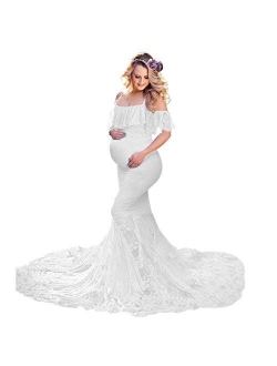 HIHCBF Women Lace Maternity Mermaid Gown Off Shoulder Ruffle Spaghetti Straps Fitted Photo Shoot Wedding Baby Shower Dress