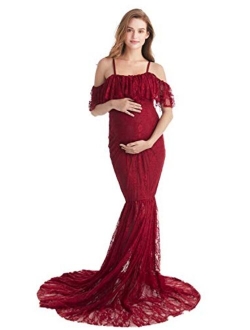 HIHCBF Women Lace Maternity Mermaid Gown Off Shoulder Ruffle Spaghetti Straps Fitted Photo Shoot Wedding Baby Shower Dress