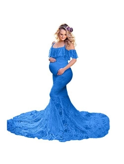 HIHCBF Women Lace Maternity Mermaid Gown Off Shoulder Ruffle Spaghetti Straps Fitted Photo Shoot Wedding Baby Shower Dress