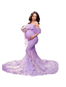 HIHCBF Women Lace Maternity Mermaid Gown Off Shoulder Ruffle Spaghetti Straps Fitted Photo Shoot Wedding Baby Shower Dress