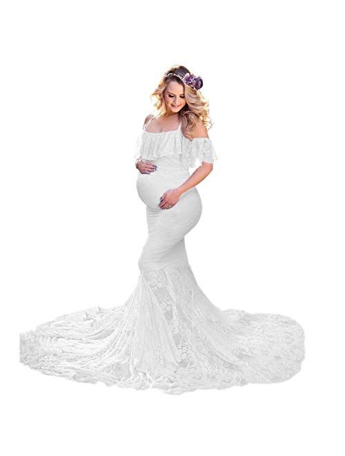 HIHCBF Women Lace Maternity Mermaid Gown Off Shoulder Ruffle Spaghetti Straps Fitted Photo Shoot Wedding Baby Shower Dress