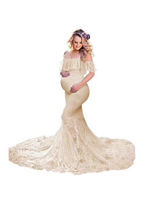 HIHCBF Women Lace Maternity Mermaid Gown Off Shoulder Ruffle Spaghetti Straps Fitted Photo Shoot Wedding Baby Shower Dress