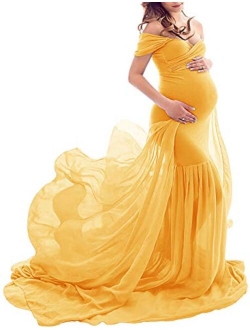 ZIUMUDY Maternity Off Shoulder Mermaid Chiffon Gown Maxi Photography Dress Baby Shower Photo Props Dress