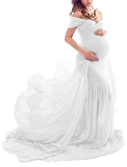 ZIUMUDY Maternity Off Shoulder Mermaid Chiffon Gown Maxi Photography Dress Baby Shower Photo Props Dress