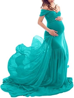 ZIUMUDY Maternity Off Shoulder Mermaid Chiffon Gown Maxi Photography Dress Baby Shower Photo Props Dress