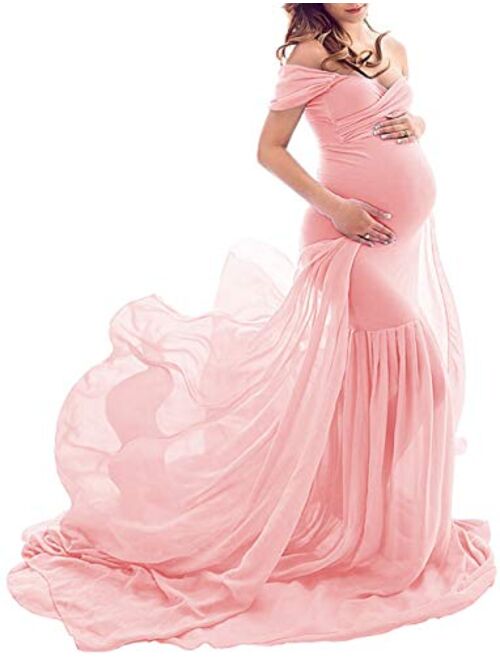 ZIUMUDY Maternity Off Shoulder Mermaid Chiffon Gown Maxi Photography Dress Baby Shower Photo Props Dress