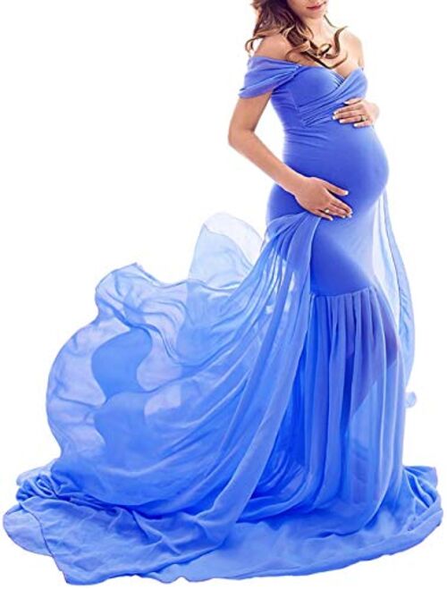 ZIUMUDY Maternity Off Shoulder Mermaid Chiffon Gown Maxi Photography Dress Baby Shower Photo Props Dress