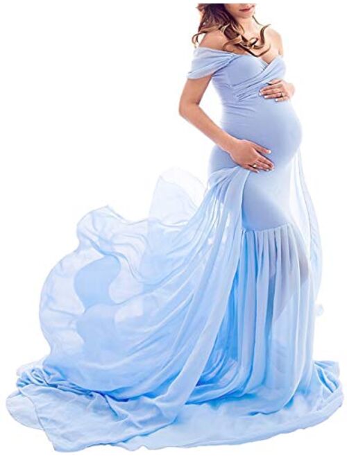 ZIUMUDY Maternity Off Shoulder Mermaid Chiffon Gown Maxi Photography Dress Baby Shower Photo Props Dress