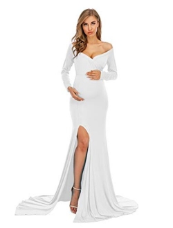 ZIUMUDY Elegant Fitted Maternity Gown Side Split Off Shoulder Long Sleeve Maxi Photography Dress Baby Shower