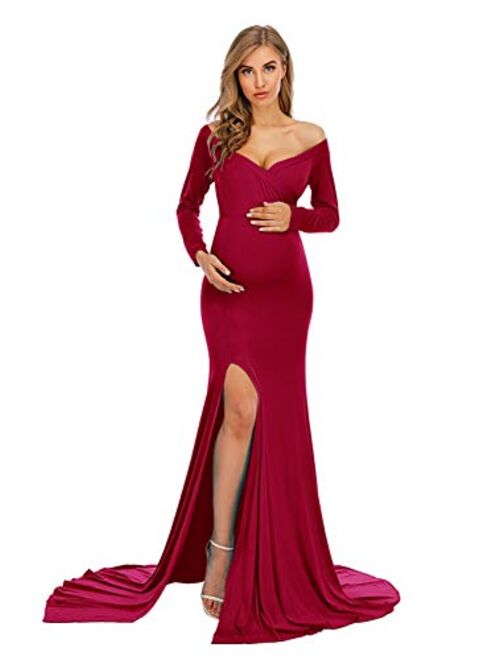 ZIUMUDY Elegant Fitted Maternity Gown Side Split Off Shoulder Long Sleeve Maxi Photography Dress Baby Shower