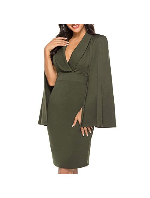 IXnzadn Women's Midi Dresses Batwing Sleeve V Neck Sexy Slim Dress Ladies Fashion Solid Color Bodycon Party Club Pencil Dress