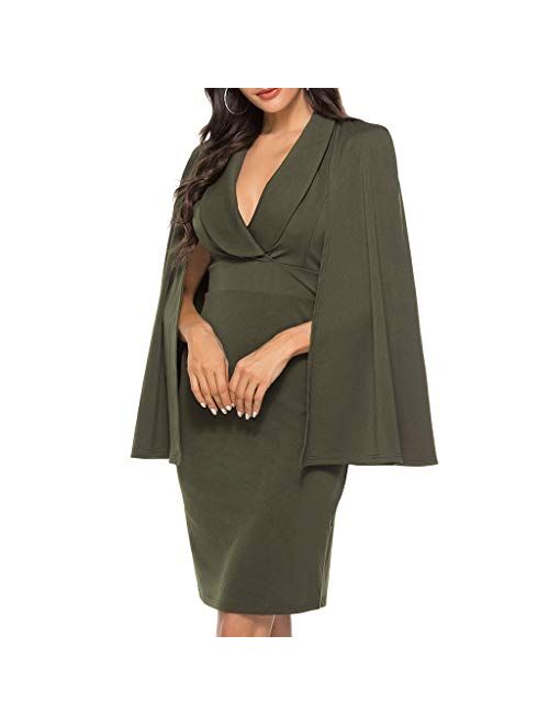 IXnzadn Women's Midi Dresses Batwing Sleeve V Neck Sexy Slim Dress Ladies Fashion Solid Color Bodycon Party Club Pencil Dress